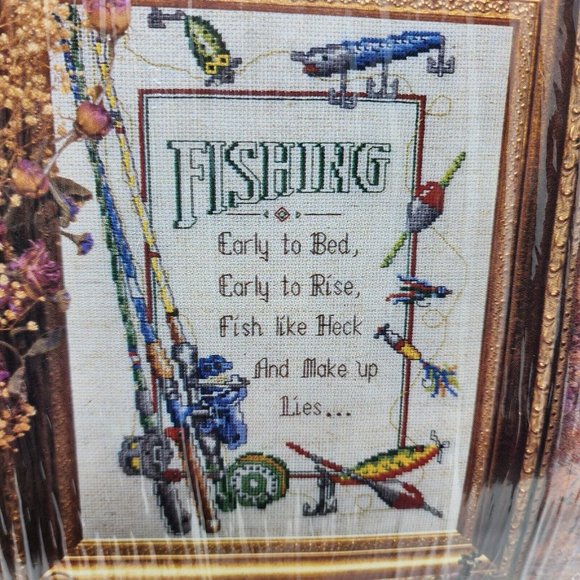 Fishing Saying Kit Cross Stitch #5263 Fish Poles Lures Make Up Lies 9”X 12” OPEN - Picture 1 of 4